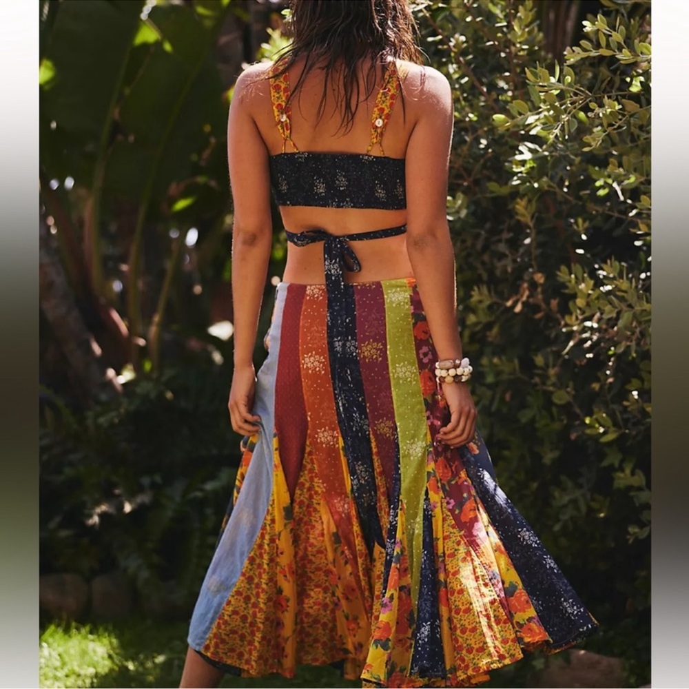 Free People Orange and Gold Pleated Top and A-Line Midi Skirt Set. Size 10
